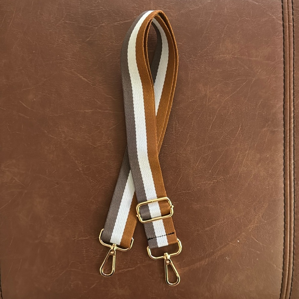 Brown, White, and Grey Striped Bag Strap